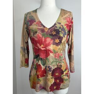 Vintage Y2K Floral 3/4 Sleeve V-Neck Fairy Cottagecore T Shirt S Made in USA